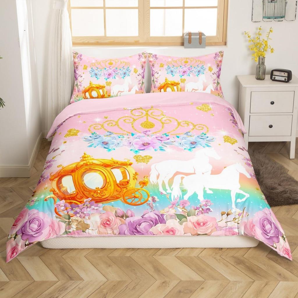 Märchenschloss Bettwäsche Set Twin QueenMädchenhaft Goldene Schloss Silhouette BettbezugBlühende Blumen Botanischer Bettdeckenbezug