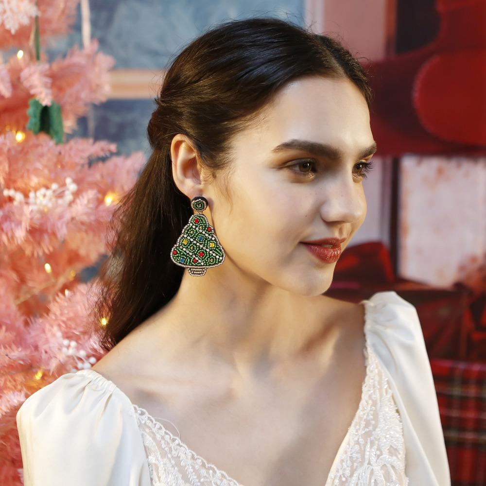 Xmas Handmade Beaded Ear Drop Christmas Tree Boots Ear Stud Merry Christmas Earrings  Accessories