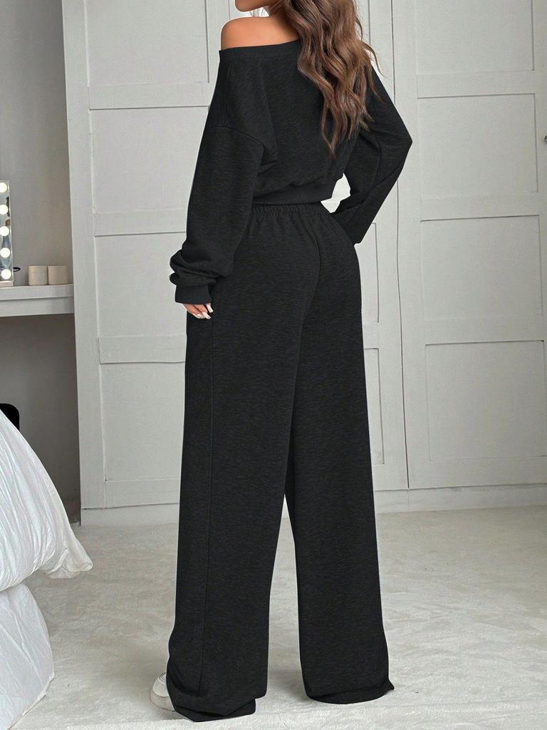 Women's Slim Fit One-Shoulder Crop Top and Casual Pants Set