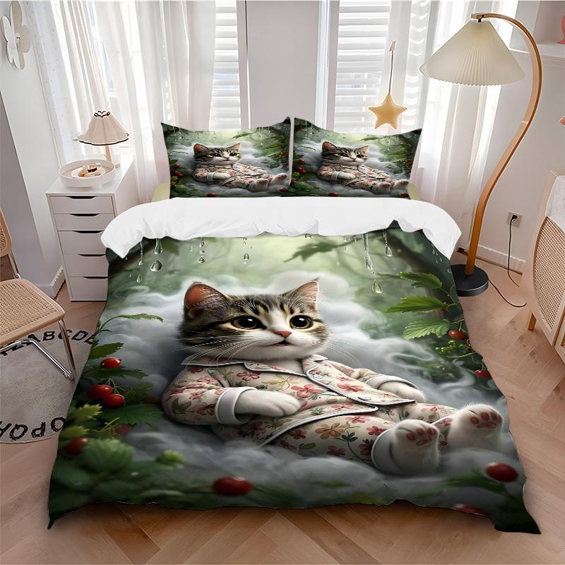 3pcs Anime Cat Floral Print Bedding Set - Includes One Quilt Cover and Two Pillowcases (No Core) - Perfect for Bedroom and Guest Room Decora