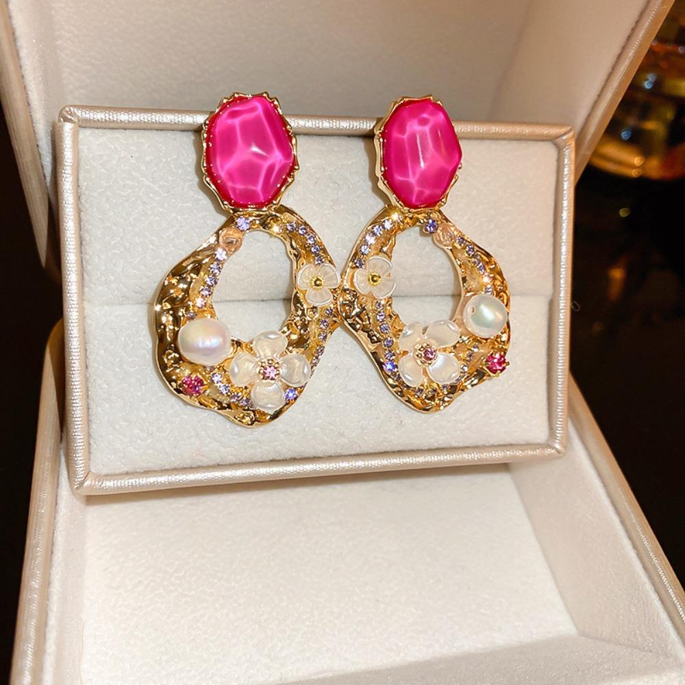 

Acrylic Dangle Flower Earrings Diamond Inlaid Vintage Trend Petals Earrings Shining Irregular Waterdrop Earrings For Women Girl
