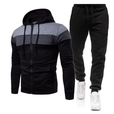 2 Pcs/Set Men Coat Pants Suit Colorblock Hooded Zipper Closure Drawstring Long Sleeve Pockets Elastic Waist Ankle-banded Men Fall Winter Tracksuit
