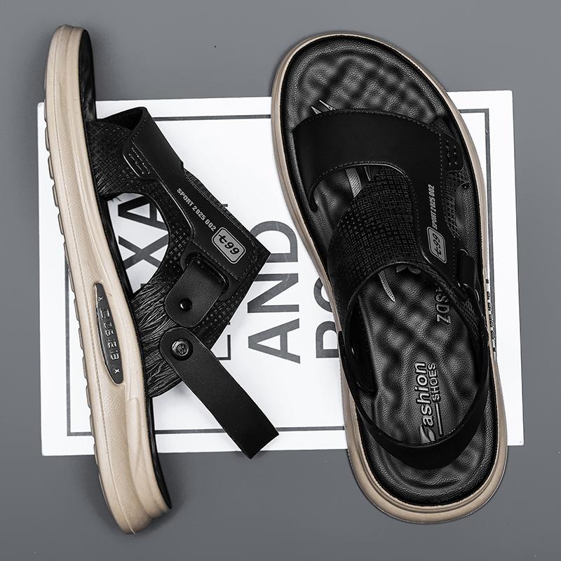 Herren Sandalen Sommer Freizeit Strandurlaub Outdoor Männlich Retro Bequem Lässige Sandalen Leder Zwei Tragevarianten Hausschuhe Strandschuhe Aus