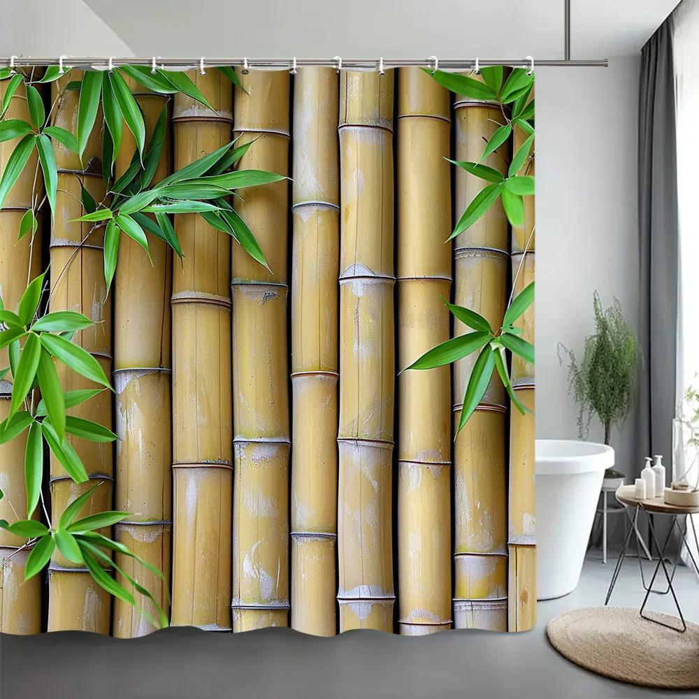 Grønt Bambus Dusjforheng Zen Meditasjon Natur Botanisk Polyesterstoff Dusjforheng Baderomsdekor med Kroker