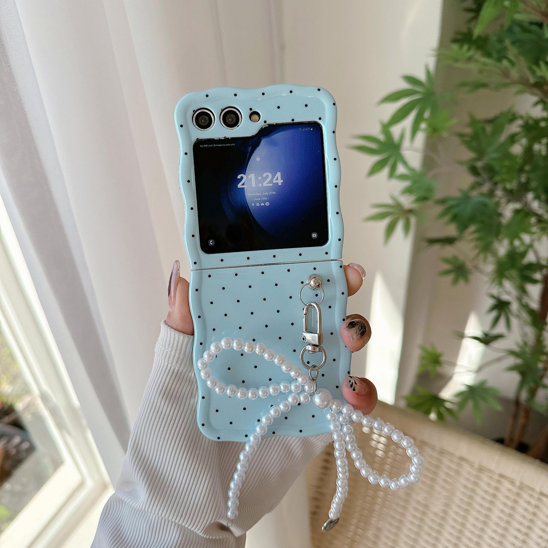 

For Samsung Galaxy Z Flip5 5G Case TPU Folding Phone Cover with Pearls Bowknot Pendant Blue+Black Dot