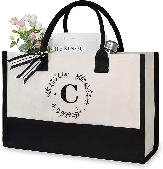 Custom Lace Initial Canvas Tote Bag