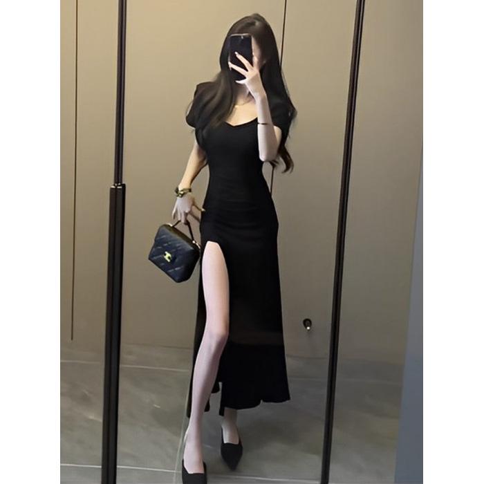 2025 Temperamental French Style Slimming Summer Slit Dress - Women's Sexy Short Sleeve Design