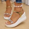Fashion Fashion Rhinestone Women's Wedge Sandals Summer 2025 Thick Bottom Beach Shoes Woman Ankle Strap Chunky Platform Sandalias Mujer