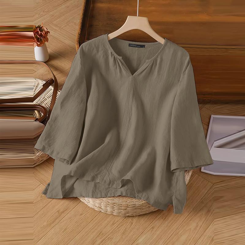 

ZANZEA Женская свободная повседневная хлопковая блузка с V-образным вырезом и рукавом 3/4 хаки