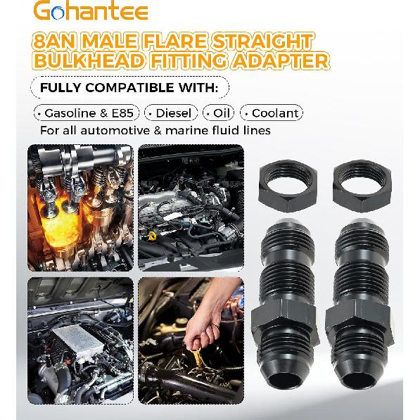 8AN Male Flare Straight Bulkhead Fitting Adapter with 8AN Nut | Union Adapter Aluminum Black Automotive Fuel System Accessory 2Pcs