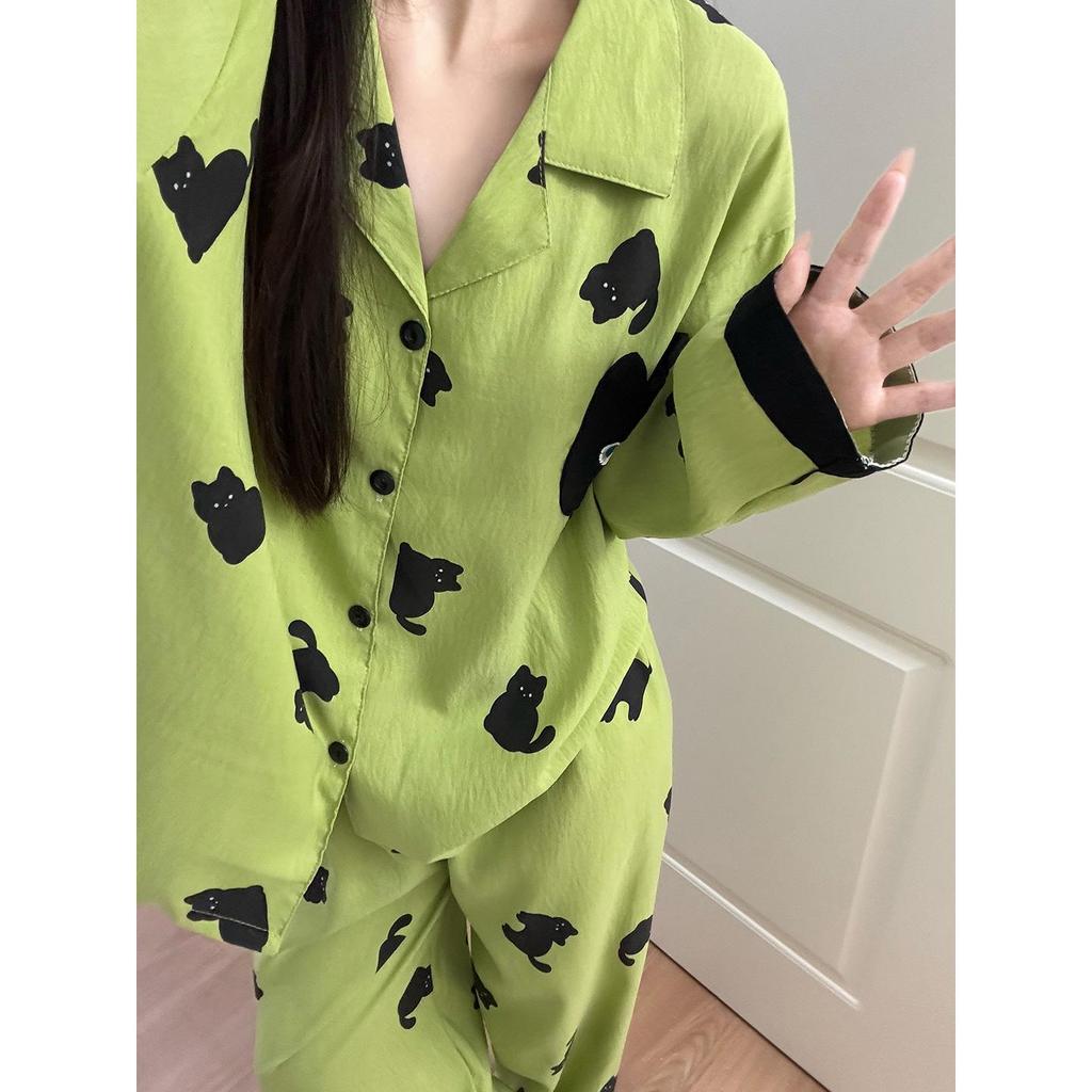 Damen Wolkenbaumwoll-Pyjama: Frühling/Herbst Langarm Revers Set mit Langer Hose - Original Lockerer Schnitt.