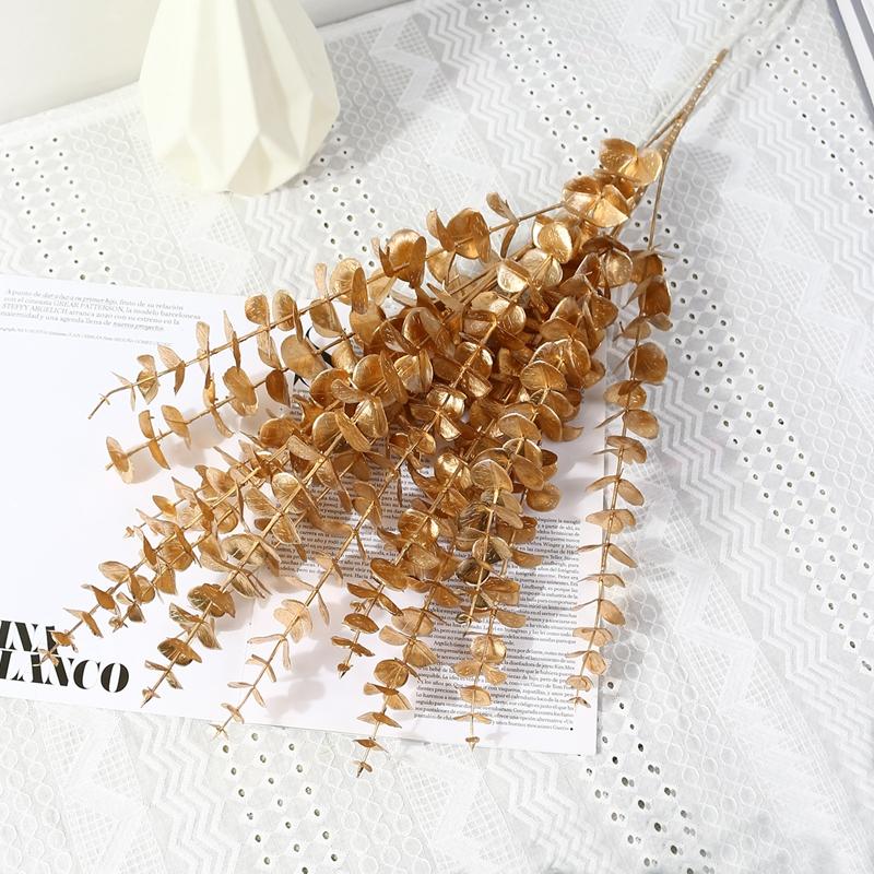 Three-pronged Fan Leaf Netting Artificial Gold Ginkgo Eucalyptus Holly for Wedding Arch Flower Arrangement Home Decor Crafts