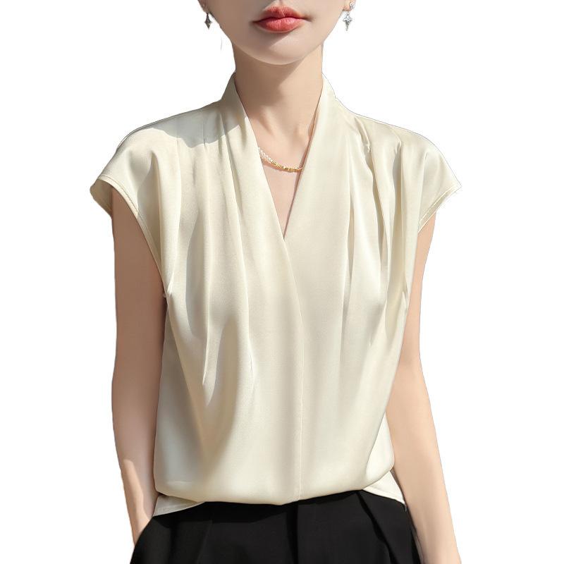 Solid-color Pleated Design Blouse T-shirt, New Spring/summer Style, V-neck, Dropped Shoulders, Short Sleeves, Women's Shirt