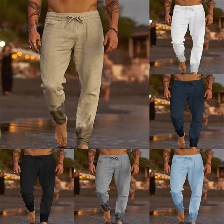 Neue Herren einfarbige Kordelzug Falten locker Baumwolle Leinen Sport Freizeit Strand Freizeit Hose