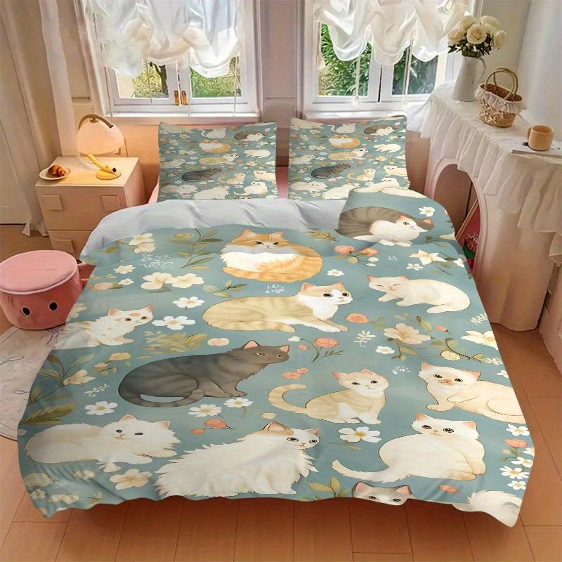 3pcs Cats Flowers Bedding Cover Set, Fashion Classic Popular Print Bedding Set, Soft Comfortable, All Season Use, For Bedrooma0819100