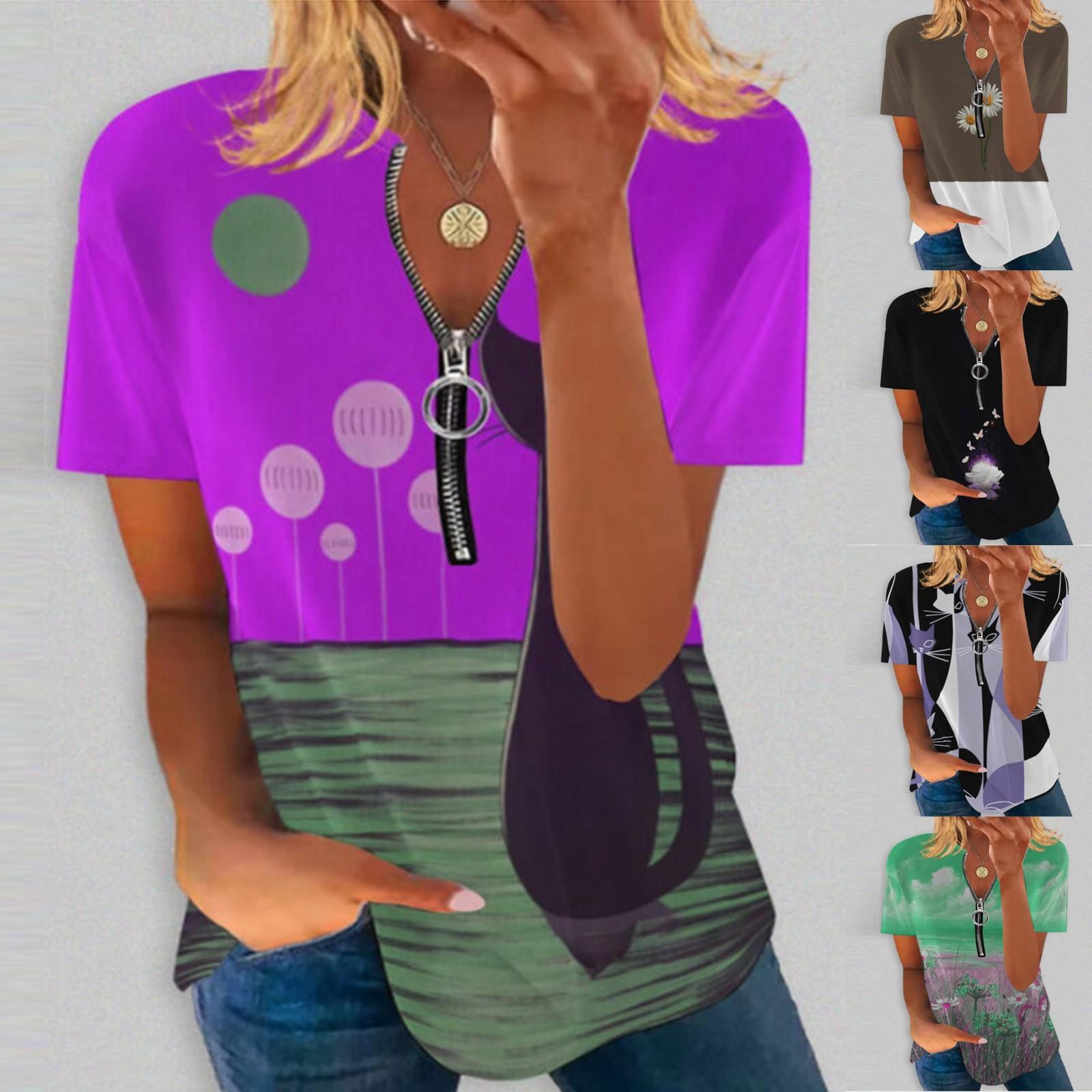 

Женская модная повседневная футболка с этническим принтом с коротким рукавом и V-образным вырезом на молнии