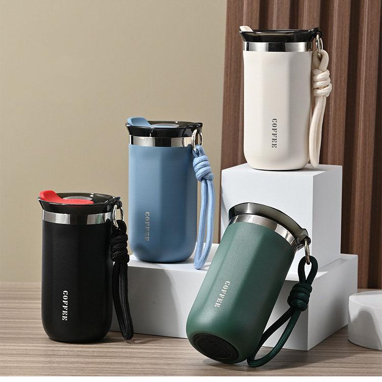 Double-Layer Vacuum-Insulated Coffee Mug with Pull-Up Handle 304 Stainless Steel Thermos Outdoor Portable Sports Water Bottle Solid Color Water Cup