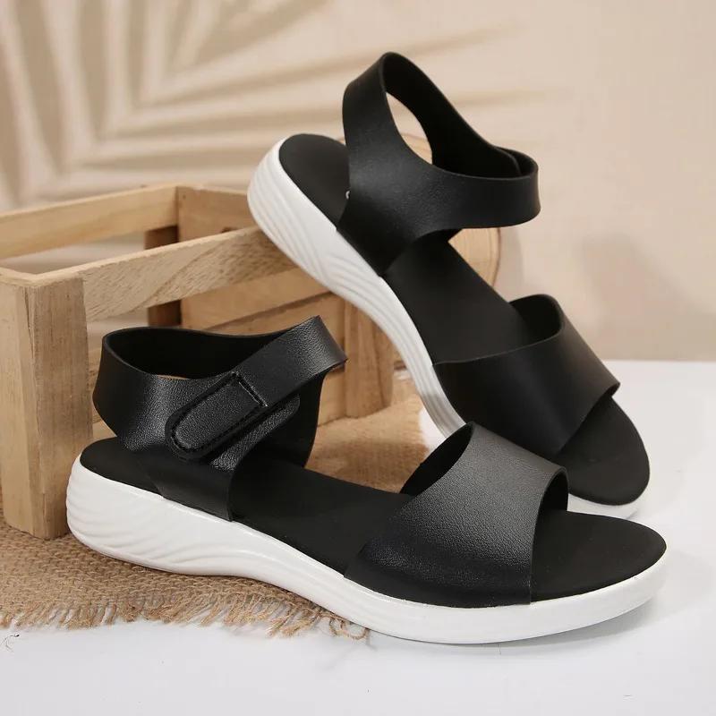 

Модная женская обувь 2024 года, горячая распродажа, женские сандалии с открытым носком, летние римские однотонные повседневные легкие удобные сандалии на низком каблуке 43 чёрный