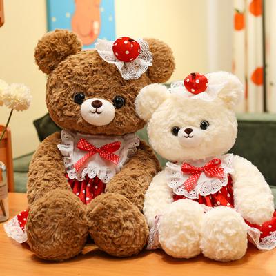 Boneca Urso Macia Fofa Vestido de Bolinhas Vermelhas Enfeites de Renda Confortável Abraço Urso Brinquedo de Pelúcia Almofada de Quarto Decoração de Sofá