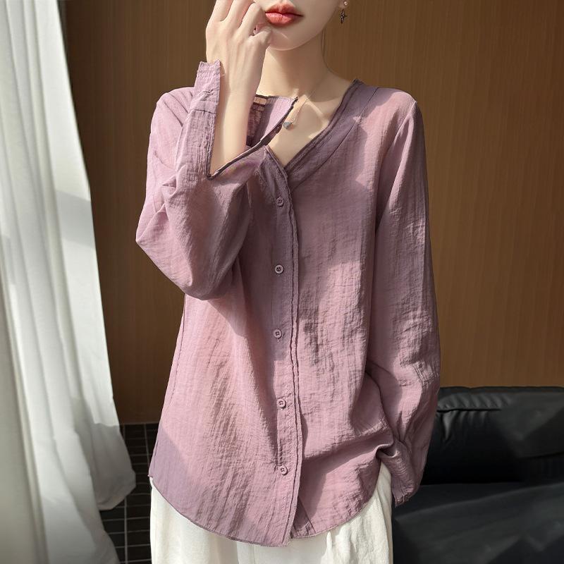 Spring and Summer New Style V-Neck Shirt Blazer Long-Sleeved Women's Solid Color Lightweight Loose-Fitting Versatile Top Shirt