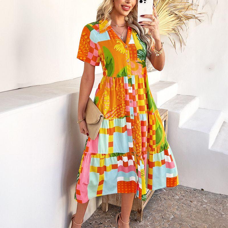 European and American Foreign Trade Women's Clothing Spring and Summer Casual Bohemian Vacation High-Waisted Geometric Color-Blocking Print Dress