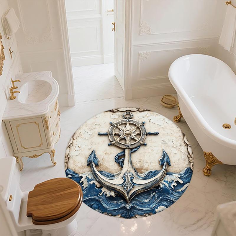 Anchor and Ship's Wheel,Round Area Rug,Carpet Rug for Living Room Bedroom Sofa Playroom Decor,Non-slip Floor Mat