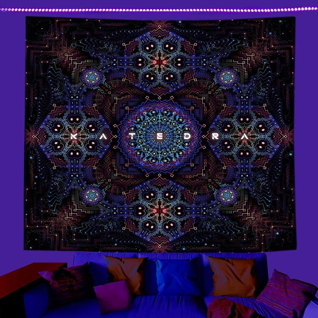 Sun Moon Star Tarot Mandala Blacklight Tapestry 2D Flat Printed Peach Skin UV Fluorescent Wall Hanging Indie Room Dorm Decor