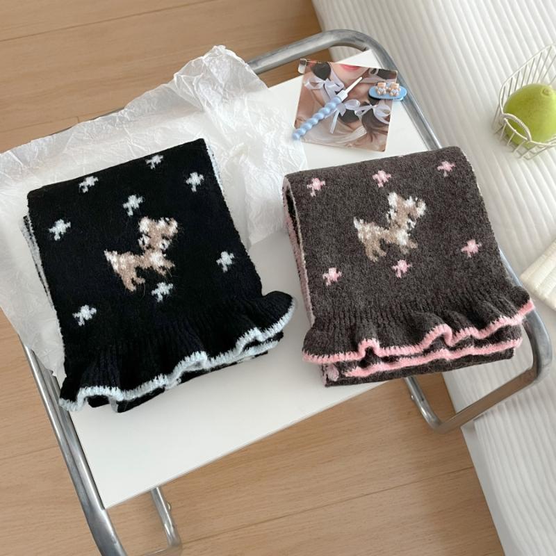 Ladies' Scarves Korean Cartoon Deer Floral Kawaii Sweet Versatile Cute Scarfs Thicked Warm High-Quality Cashmere Knitted Scarfs