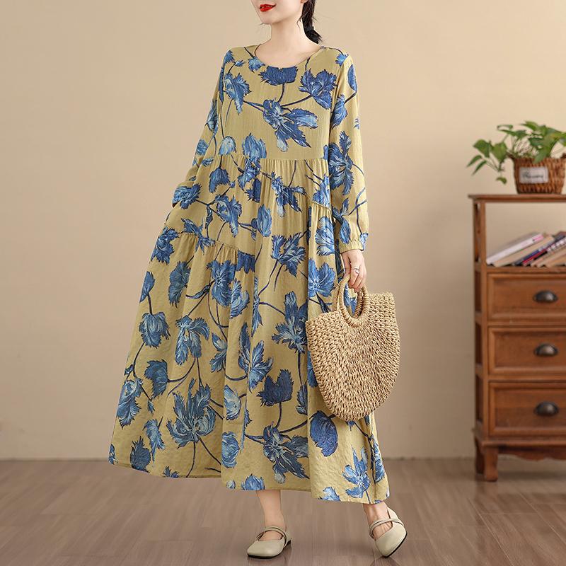 DIMANAF New 2026 Women Long Dress Plus Size Spring Summer Vintage Loose Oversize Long Sleeve Maxi Floral Print