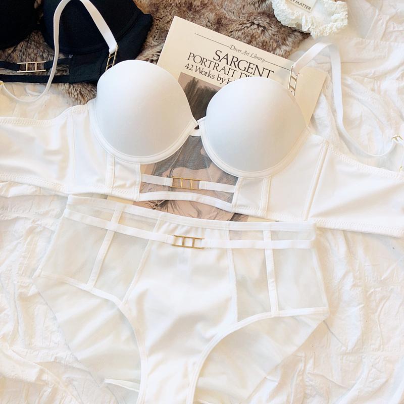 

Европейский женский комплект нижнего белья, сексуальное кружевное полое дышащее нижнее белье с широкой пряжкой, бюстгальтер и трусики Push Up на косточках, розовое нижнее белье 75B белый