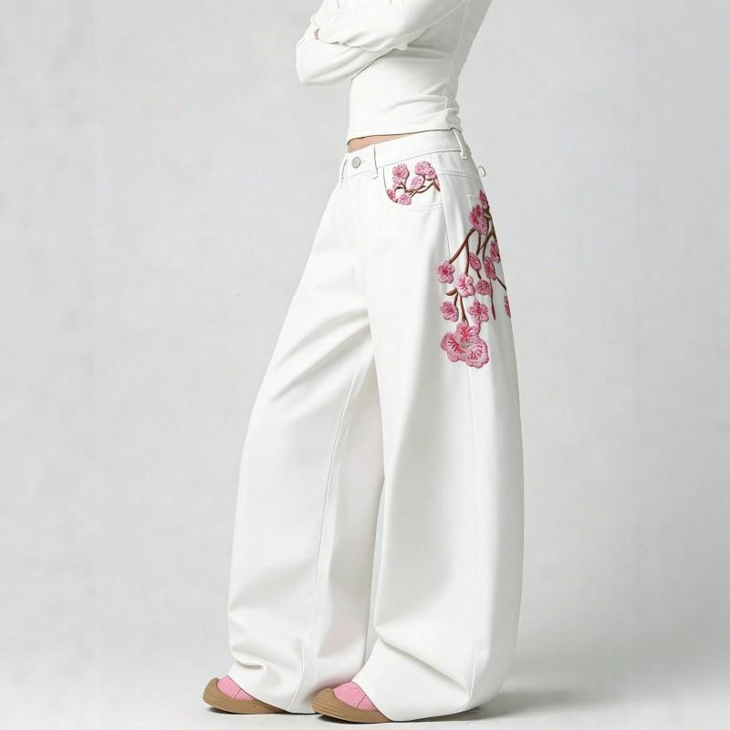 Vintage Americana Embroidered Wide-Leg Denim Jeans Women High-Waisted Relaxed Fit Y2K Streetwear Straight Drag Pants