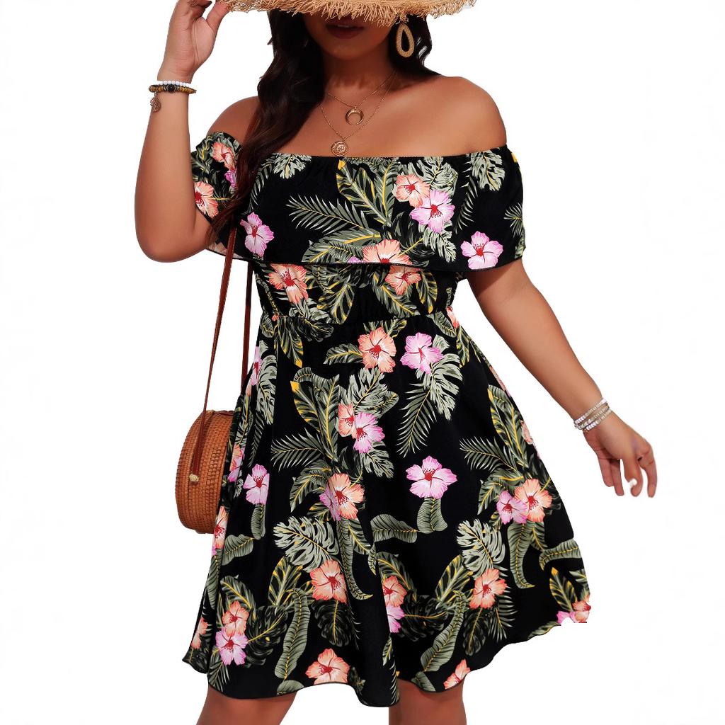 HNXC Summer Women's Wear Features An Elegant and Stylish Printed One-shoulder, Strapless and Waist-cinching Dress