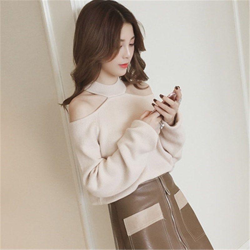 Sexy Hanging Neck Pullover Sweater Solid Color Casual Off shoulder Sweater Autumn Winter Korean Knitwear Long-sleeve Knitted Sweater Jacket Outer Wear
