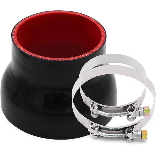 3 To 4 Inches Straight Black Silicone Reducer Coupler With 2 T-Bolt Clamps 4 Layers Of Polyester Reinforcement Suitable High Level Turbo Pipe