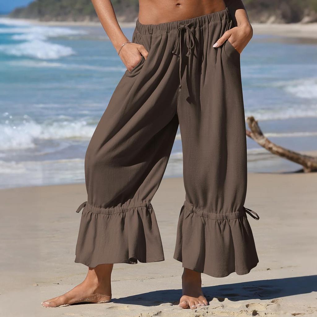 Damen Leinen Weite Cropped Hose mit gefaltetem Saum Kordelzug Taille Lockerer Sitz Lässige Hose für den Alltag