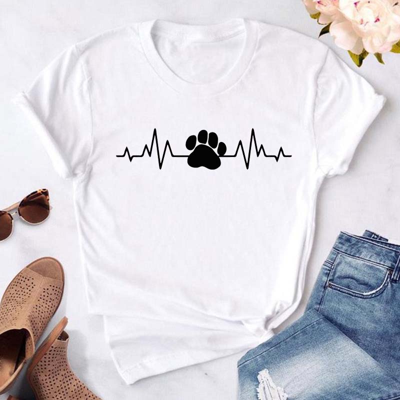 Women Dogs Paws Love Heart Printed T-shirts Fashion Summer Short Sleeve Lady Womens Clothes Tops T-Shirt Black Shirt Tees Female