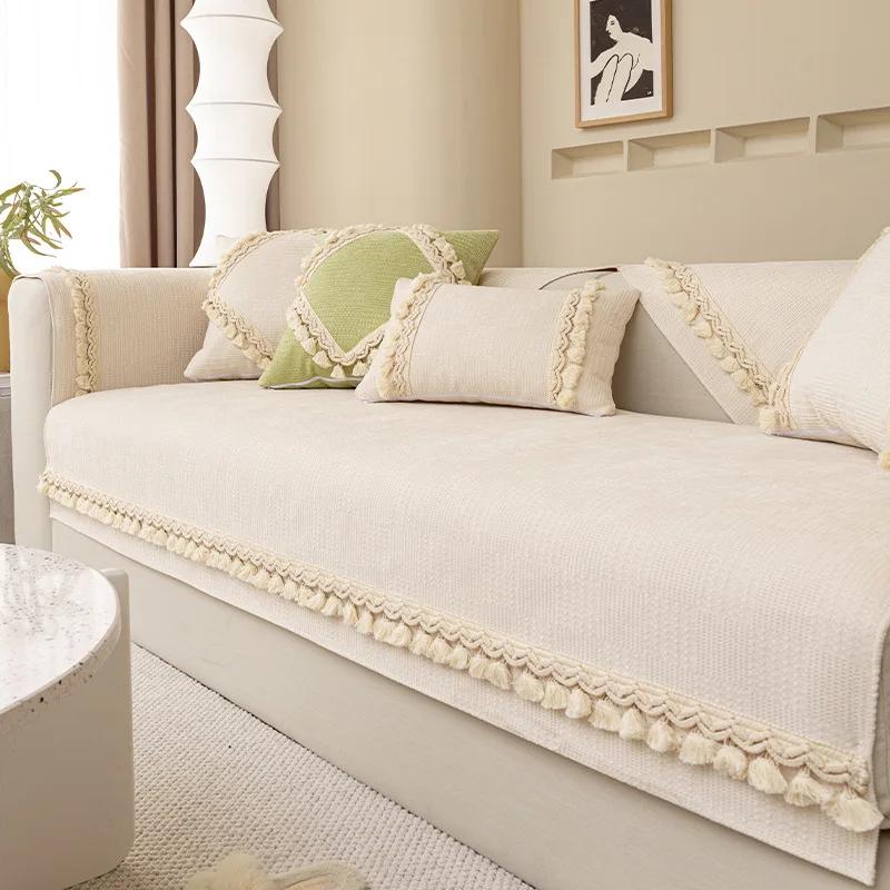 White Knitting Tassels Sofa Cover for Living Room Solid Color Sofa Cushion L Shaped Sofa Towel Couch Armrest Backrest Non-Slip