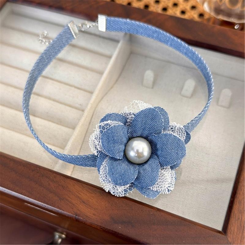 Elegante Collana Floreale in Jeans Blu Collare a Fiore 3D Catena con Lacci Choker Collane Tendenza Estiva Gioielli per la Clavicola