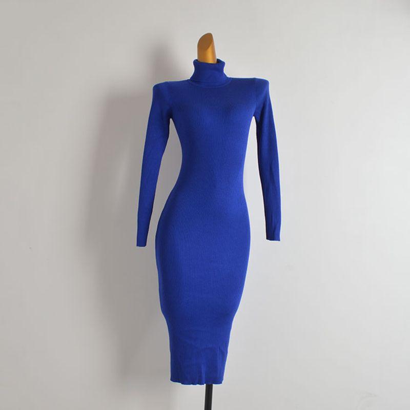 

Foreign Trade Order Western Style New Solid Turtleneck Knitted dress Women clothes Autumn and Winter Slim fit Slimming Stretch Long dress Blue M