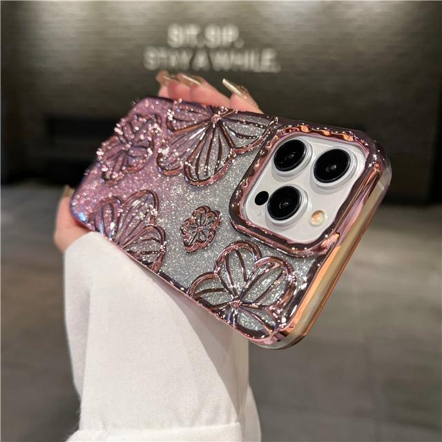 For iPhone 15 Pro Max Luxury Flash Glitter Flowers Plating Frame Phone Case For iPhone 11 12 13 14 15 16 Soft Protective Cover