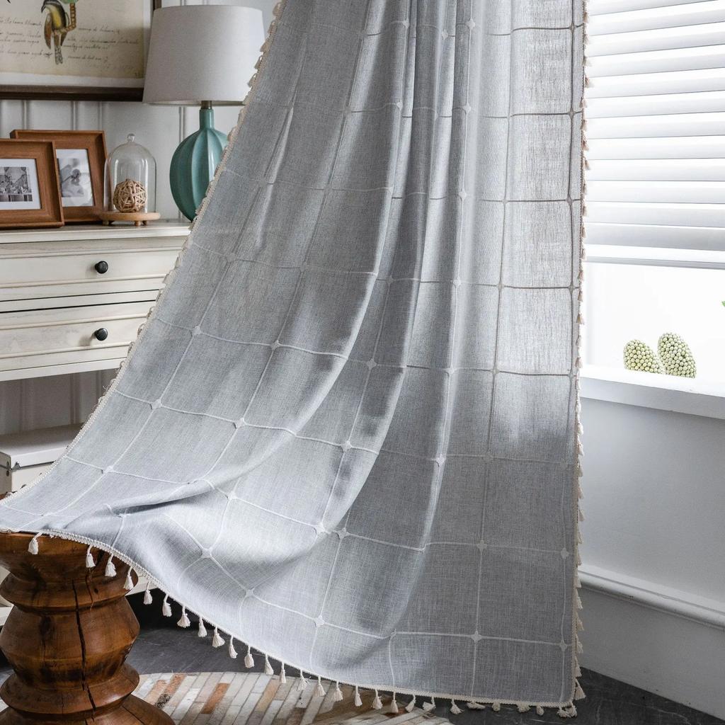 Bohemian Style Khaki Geometric Tassel Curtains Semi Blackout Curtains for Living Room Bedroom Kitchen Home Decoration Curtains