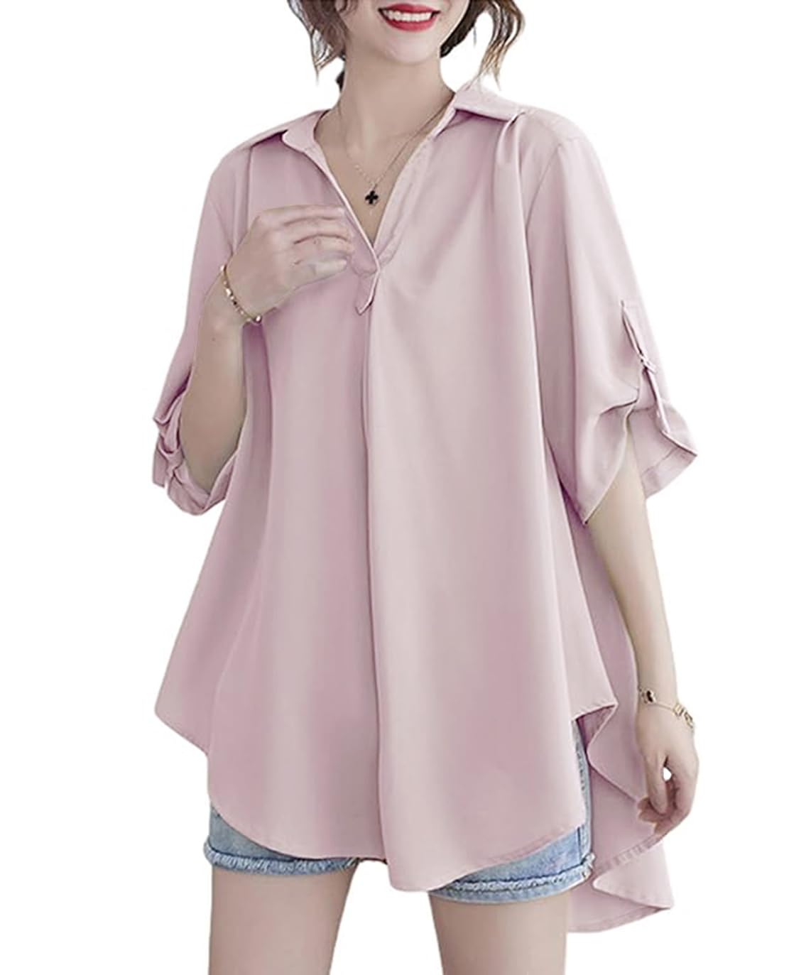 

Короткая Свободная Большого размера [OKJCON] Женская рубашка, Рукав, Лето, Офис, Посадка, Тонкая, Шифон, Рукав 5/8, Однотонная, Стильная, (JP, Алфавит, L, Розовый) розовый