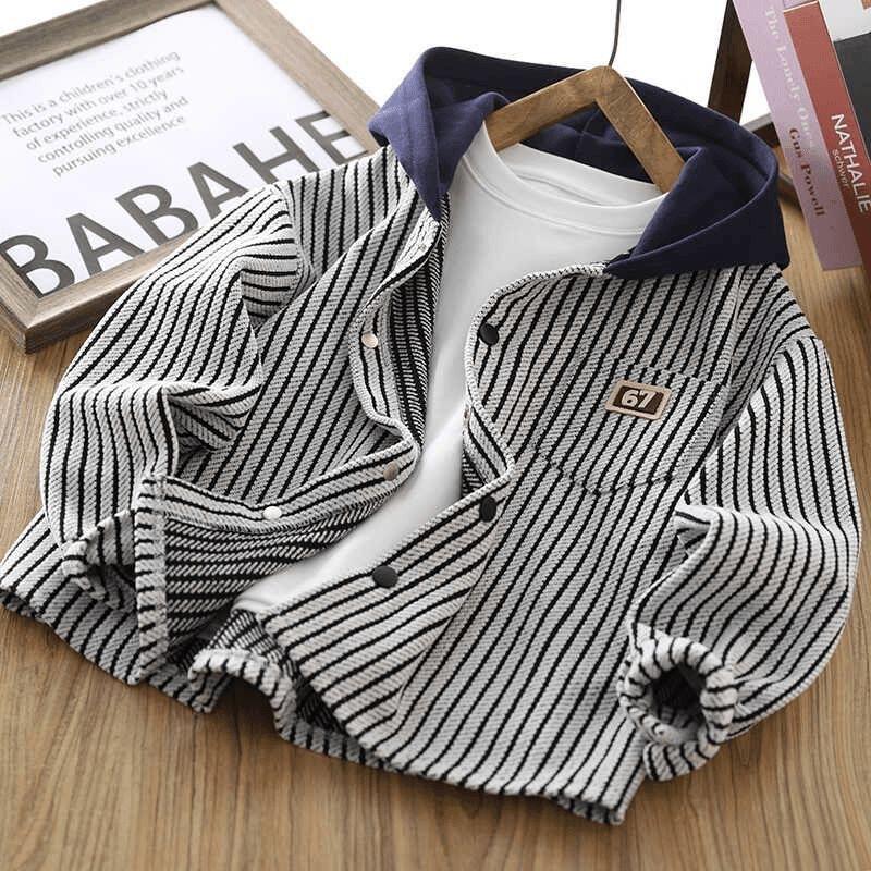 Boys Striped Hooded Shirt Jacket Spring Autumn Fashionable Long Sleeve Top