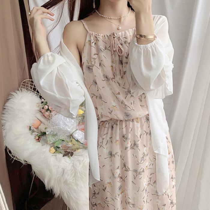 Damen Sommerkleid-Set mit Blumenmuster und Taillenbetonung 2025 - Eleganter Französischer Schlanker Trägerstil.