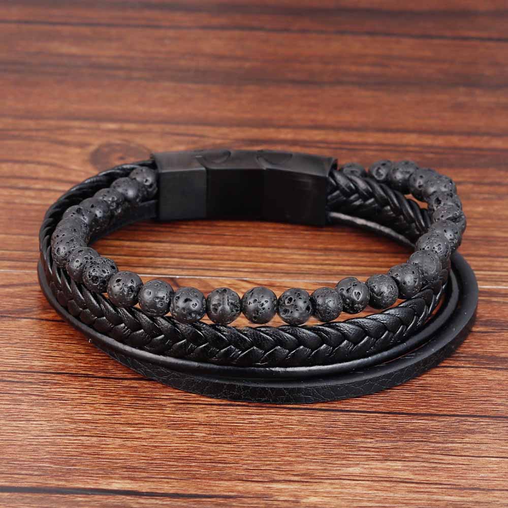 Punk Men Braid Bracelet Multilayer Leather Natural Stone Beaded Bangle Stainless Steel Magnetic Clasp Male Jewelry