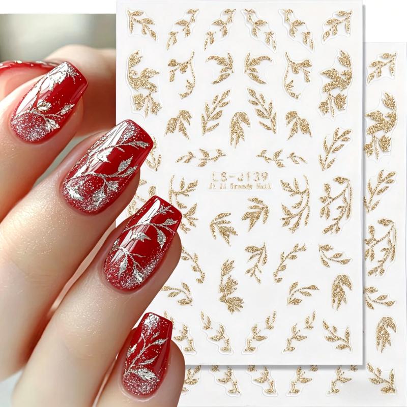 Golden Leaf Nail Art Stickers 3D Self-Adhesive Metallic Foil Decals with Glitter for DIY Manicure and Nail Decoration