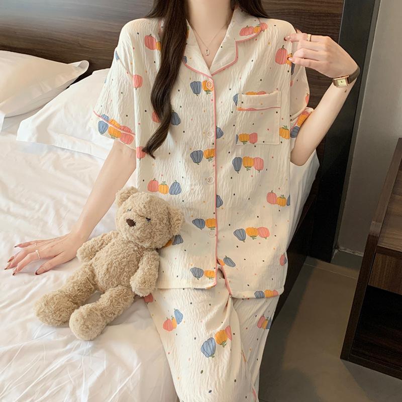 Dopamine Cute Little Pumpkin Cloud Cotton Pajamas Women'S Summer Short Sleeves Trousers High-End Loungewear
