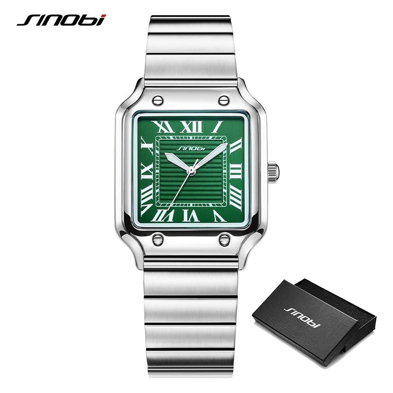 

SINOBI повседневный дизайн мужские кварцевые часы модные мужские наручные часы из нержавеющей стали деловые квадратные часы зелёный
