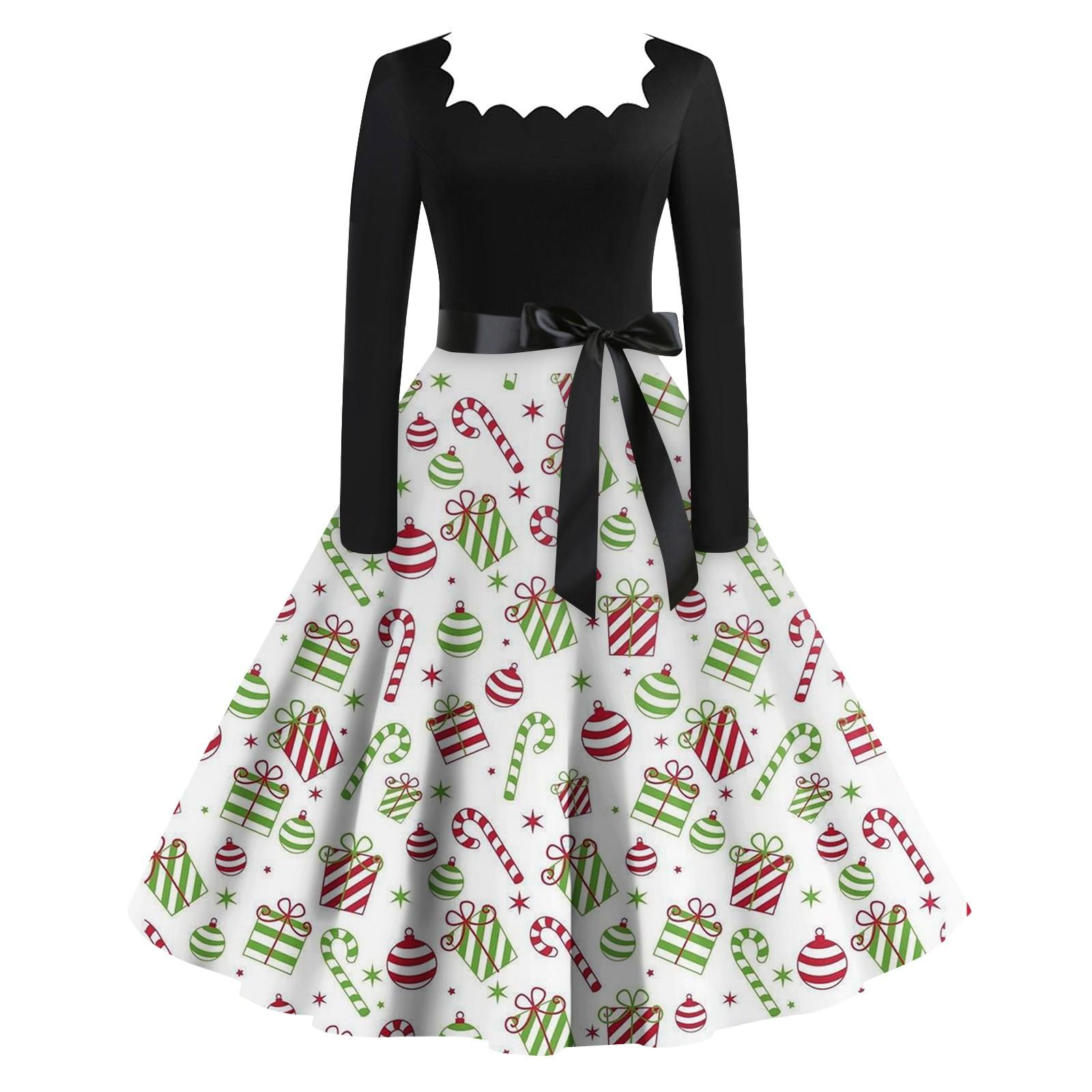 

Женская мода винтаж с длинным рукавом квадратный вырез рождественский принт вечерние платья платья XXL