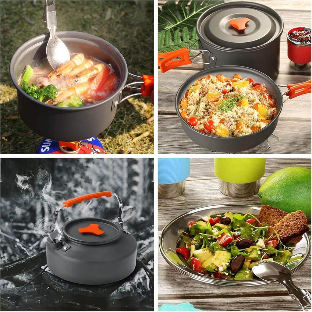 Camping Cooking Set Camping Cookware Outdoor Aluminum Mess Kit with Frying Pan, Pot with Lid, 1.2L Kettle Set and 2 Stainless Steel Plate, 2 Folding